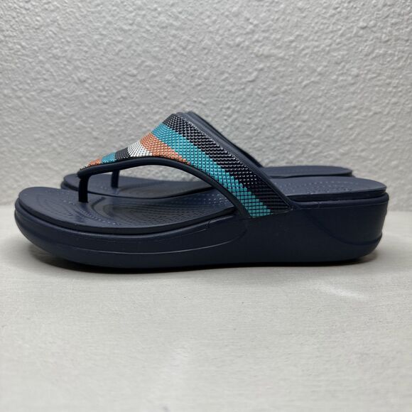 Crocs Monterey Bead Strap Womens Navy Blue Wedge Sandals - Picture 2 of 7